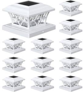 lot 11194 image: APONUO Solar Post Cap Lights 12 Pack with 1000mAh Battery - for 4x4 5x5 6x6 Fences, Larger Size & Longer Lasting, 2-Mode, IP64 Waterproof, for Deck Patio Yard (White) (Used)