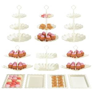 lot 11198 image: 10 Pack Cake Stand Set with 3 x Two-Tier and 3 x Three-Tier Cupcake Stands, Plastic Dessert Table Stand Set 3 Tired Cookie Tray and 4 Pcs Dessert Trays
