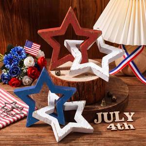 lot 11233 image: Yousoontic 2 Pcs 4th of July Decorations Wooden Stars Signs Rustic Patriotic 250th Anniversary Memorial Day Tiered Tray Decor Red White and Blue American Table Decorations for Home Office Table Shelf