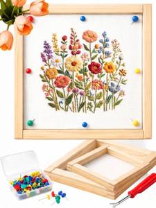 lot 11243 image: Needlepoint Stretcher Bars for Needlework, 12-Pack Pine Wood Frame Kit with 81216 Inch Bars, 100 Tacks, Tack Puller and 14-Mesh Canvas for Stitching