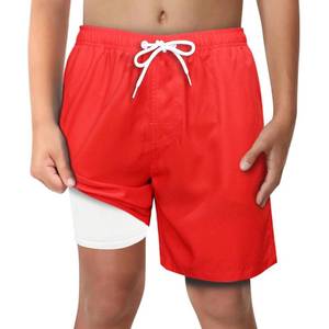 lot 12058 image: Boy Red Swim Trunks with Boxer Brief Liner Anti Chafe No Mesh Swimming Shorts Compression Lined 4-Way Stretchy UPF Quick Dry Bathing Suit Size 14-16