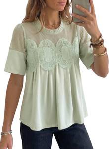 lot 12059 image: Dokotoo Womens Babydoll Tops Short Sleeve Lace Detail Blouses Flared Pleated Swing Sheer Mesh Shirts Dressy Casual Summer Comfy Cotton Green Top Small