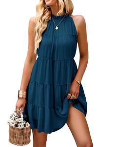 lot 12062 image: KIRUNDO Summer Sundresses for Women Spring Halter Flowy Babydoll Tiered Pleated Beach Wedding Guest Vacation Cruise Dress (Lake Blue, Medium)