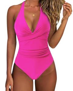 lot 12078 image: SUUKSESS Women Sexy Tummy Control One Piece Swimsuits Halter Push Up Monokini Bathing Suits (Hot Pink, S)