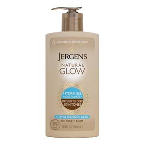 lot 12088 image: Jergens Natural Glow Hydra Gel Moisturizer, Gradual Tanning Lotion with Hyaluronic Acid, Hydrating Tanning Gel, Fragrance-Free Self Tanner, Medium to Deep Skin Tones 8.3 Fl Oz