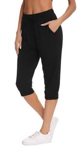 lot 12089 image: Vlazom Womens Pajama Bottoms Modal Soft Capris Pant Cropped Pjs Lounge Pants with Pockets & Drawstring Y-Black Size XXL