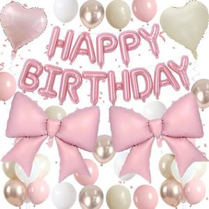 lot 12102 image: Froova Boho Dusty Pink Bow Birthday Decorations for Women Girls, Blush Champagne Gold Sand White Cream Balloons Happy Birthday Banner Pink Coquette Foil Balloons Heart Balloon for Bday Party Supplies
