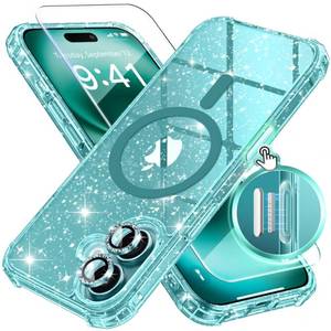 lot 12120 image: BERFY Compatible with iPhone 16 Plus Case Glitter, with 9H Tempered Screen Protector  2 Diamond Lens Protector, Non-Yellowing Clear Sparkle Shockproof Hard Phone Case for Women 6.7, Shiny Green