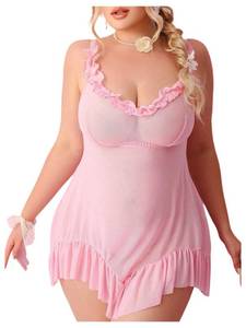 lot 12126 image: OYOANGLE Womens Plus Size Mesh Ruffle Babdyoll Chemise Nightgowns 2 Piece Sheer Lingerie Set Sleepwear Pink XX-Large Plus