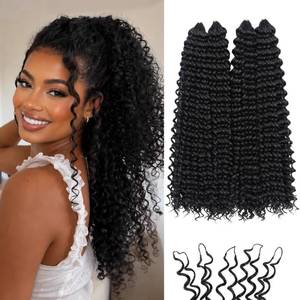 lot 12130 image: Miracle Knots Feather Crochet Hair (Jerry Curl) - 14 Hand-Tied Synthetic Extensions, 100 Strands Soft Cotton Core Glue-Free Knotless Hair Pieces (Natural Black)