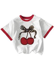 lot 12136 image: RoseSeek Girls Cherry Shirt Short Sleeve Colorblock Graphic Tees Cute Summer Shirts Y2k Aesthetic Clothes White and Red 9Y