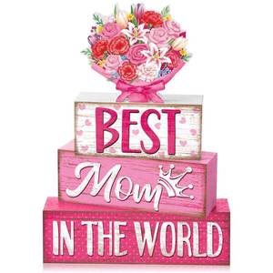 lot 12145 image: Yousoontic 4 Pcs Mothers Day Wooden Table Decor, Best Mom in the World Tiered Blocks Sign Pink Floral Tabletop Home Decoration Gift for Mom, Rose Bouquet Shelf Centerpiece for Birthday Celebration