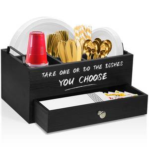 lot 13920 image: Paper Plate Dispenser with Drawer for Kitchen Countertop, Wooden Paper Plate Holder with Large Cup Holder, Rustic Wood Silverware Caddy Holder, Paper Plate Organizer Kitchen Accessories(Black-Drawer)