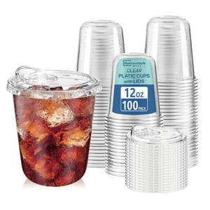 lot 13934 image: Homestockplus 100 Pack 12 oz BPA-Free Clear Plastic Cups with Sip Lids - Leak-Proof Round Bottom Disposable Iced Coffee Cups for Kids, To-Go Drinks, Smoothies, Juice & Small Portion Cold Beverages