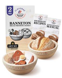 lot 13961 image: FLAVORAE Banneton Bread Proofing Basket with Liners - Natural Rattan Dough Riser, Sourdough Bread Basket, Artisan Bread Loaves, Homemade Bread Making - 2 Pack 9 Round Basket Set