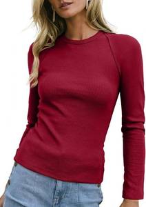 lot 14024 image: Dwnval Long Sleeve Shirts for Women Basic Crewneck Slim Fitted Knit Going Out Tops(2#Wine Red, XS)