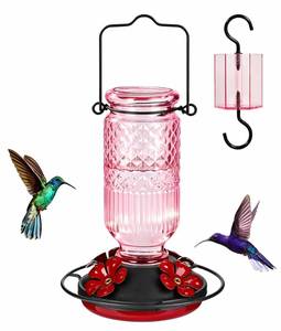 lot 14419 image: FEED GARDEN Glass Hummingbird Feeder for Outdoors Hanging, 16 oz Leak-Proof Nectar Feeder with Bee Guards & Ant Moat, 4 Metal Flower Feeding Ports, 360° Perch Ring, Easy Refill & Clean, Pink