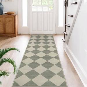 lot 14429 image: Beeiva Checkered Print Hallway Runner Rug Non Slip, Ultra Thin Washable Kitchen Runner Rug 2x6, Moroccan Neutral Green Soft Floor Carpet for Bedroom Laundry Room, Minimalist Diamond Hallway Decor