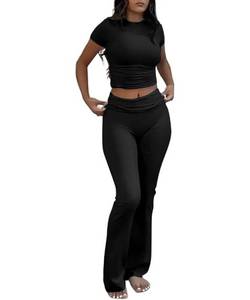 lot 14433 image: DLOODA Two Piece Sets for Women Matching Lounge Set Short Sleeve Crop Top Fold Over Flare Pants Travel Outfits Black Small
