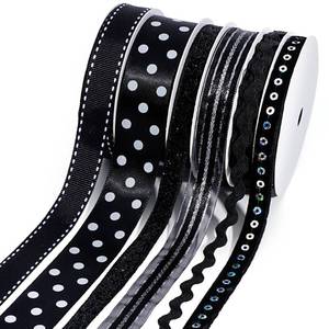 lot 14443 image: LaRibbons Black Ribbons for Crafts 6 Rolls Assorted Black Ribbons with Polka Dots, Glitter and Sequins for Gift Wrapping, DIY Crafts, Hair Bows, Sewing and Party Decorations, 30 Yards