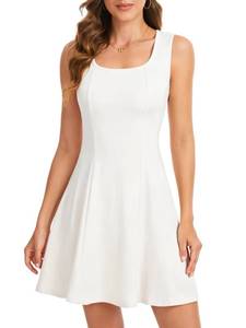 lot 14458 image: KOLAOYEP Women��s Square Neck Mini Dress - Sleeveless A Line Short Dress Knit Flared Party Graduation Dresses Summer White
