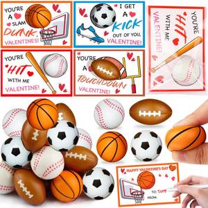lot 14474 image: 28 Pack Kid Valenitnes Day Cards with Sports Ball Valentines Day Gifts for Kids Classroom School, Valentines for Kids Class Party Favor Squeeze Foam Balls Stress Relief Toy Valentines Exchange Gifts