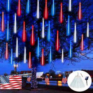 lot 19969 image: 4th of July Decorations Outdoor, USA 250th Anniversary Red White and Blue Solar Meteor Shower Lights, 18 Tubes 432 LEDs Waterproof Patriotic String Lights for Independence National Memorial Day Decor