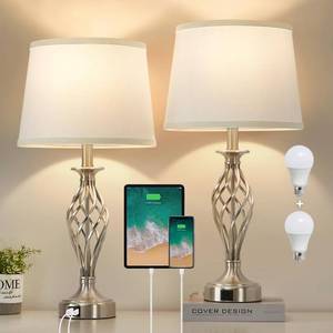 lot 19992 image: Table Lamp for Bedroom Set of 2 with USB CA Ports, Modern Bedside Lamps with Spiral Cage Base, White Fabric Shade, Nightstand Lamp for Living Room Reading Bed Side End Table, 2 LED Bulbs Included
