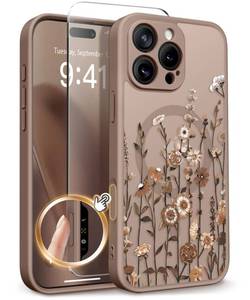 lot 20206 image: GVIEWIN for iPhone 16 Pro Case Compatible with MagSafe, Military Grade Protection Screen Protector Full Camera Protection Floral Translucent Women Magnetic Phone Case, FloratopiaBrown