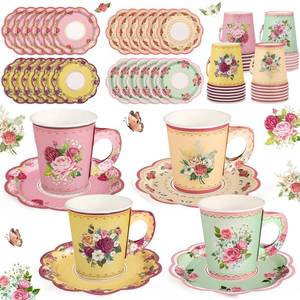 lot 20223 image: NatNarr 48 Sets Vintage Floral Tea Party Cups 7 OZ Disposable Paper Tea Cups with Handle and Plates Teacups and Saucer Sets for Baby Bridal Shower Wedding Birthday(Vintage Style)
