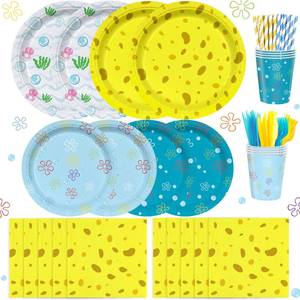 lot 20229 image: 168PCS Cartoon Ocean Themed Birthday Party Supplies  Yellow Undersea Dinnerware Set Serves 24 Guests  Disposable Plates Cups Napkins Cutlery Straws for Kids Boys Girls Birthday Decorations