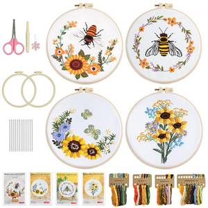 lot 20284 image: 4 Sets Beginner Embroidery Kit for Adults with Step by Step Instructions Easy to Learn Floral Embroidery Patterns Needlepoint Kits for Adults Include Embroidery Hoop, Colorful Threads, Tools