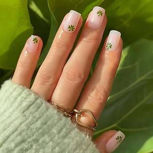 lot 20289 image: St. Patricks Day Press on Nails Short Square Fake Nails Cute False Nails with Four-leaf Clover Shamrock Designs Nude Pink Glossy Glue on Nail Acrylic Nails for Women Girls 24Pcs