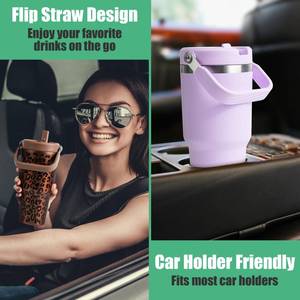 lot 1573 image: Cafezi 30 oz Flip Straw Tumbler, Stainless Steel Vacuum Insulated Tumblers with Handles, Reusable Insulated Water Bottle for Home, Office, Leakproof, Fit in Cup Holder pink not green