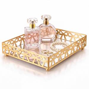 lot 1575 image: Zhehao Gold Vanity Tray with Mirror Bottom Decorative Bowknot Jewelry Organizer Tray 11.8x7.9 Inch Metal Vanity Organizer for Perfume Makeup Dresser Bathroom Countertop, Women Mom Gift