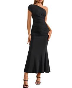 lot 2250 image: VKIHOC Summer One Shoulder Wedding Guest Dresses for Women Elegant Long Formal Bodycon Ruched Bridesmaid Midi Dress 2026 Black XS