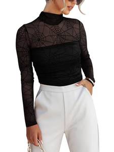 lot 2260 image: REORIA Women��s Trendy Sexy Mock Turtle Neck Long Sleeve Sheer Mesh Ruched Going Out Bodysuits Tops XL