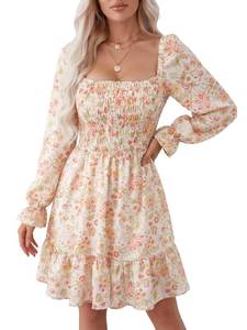 lot 2269 image: DANAZANA Square Neck Long Sleeve Mini Dress Womens Swing Ruffle Elastic Smocked Waist A-Line Midi Dresses L