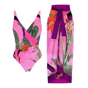 lot 2281 image: Womens One Piece Swimsuit with Cover up Beach Skirt Floral Print Swimsuit Bathing Suit Ruffle V-Neck Monokini Swimwear Sarong Coverups Two Piece Bikini Set Beachwear Purple  Pink - Wrap V-neck XL