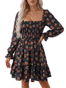 lot 2317 image: DANAZANA Square Neck Long Sleeve Mini Dress Womens Swing Ruffle Elastic Smocked Waist A-Line Midi Dresses M
