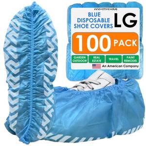 lot 2328 image: Innovative Haus Blue Indoor Disposable Shoe Covers - Disposable Non Slip Boot Covers - Indoor Reusable Booties - Treads - Water Resistant - 100 Pack, Large