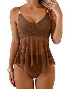 lot 2355 image: Aidonger Women Crisscross Tankini Swimsuit Two Piece High Waisted Tummy Control Swimwear Mesh Tie Back Bathing Suit Brown S