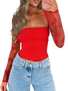 lot 2383 image: CSDAJIO Womens Going Out Tops Lace Long Sleeve Square Neck Crop Top Shirt Strapless Tube Top and Bolero Set Lace Red Medium