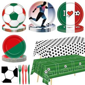 lot 2417 image: 122Pcs Soccer Party Supplies Set, Disposable Tableware Kit with Soccer Paper Plates, Napkins, Forks, Tablecloth for Soccer Birthday Party Decorations, Sports Theme Party Decor for 24 Guests (Modle A)