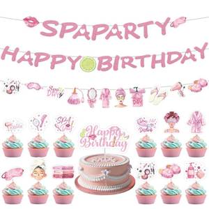 lot 2421 image: Spa Birthday Party Decorations, 28 Pcs Spa Banner, 1 Cake Toppers & 24 Cupcake Picks for Girls Pampering Theme Celebration, Sleepover Party Supplies