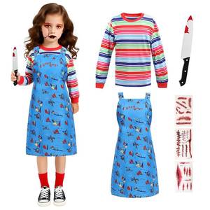 lot 4351 image: YUIQPKJX 5 Pcs Creepy Doll Costume for Kids, Boys Girls Creepy Doll Costumes Jumpsuits Accessory Knife Sticker Halloween Mardi Gras Cosplay Prop (Girls, X-Large)