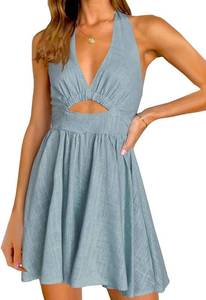 lot 4388 image: Inorin Womens Summer Sleeveless Halter V Neck Backless Cut Out Sexy Casual Party Swing Flared Mini Dresses Blue