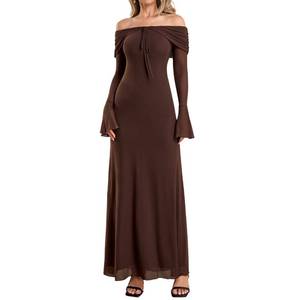 lot 4392 image: VKIHOC Off Shoulder Long Sleeve Maxi Dress Bodycon Tie Party Formal Wedding Guest Dresses for Women 2026 Brown