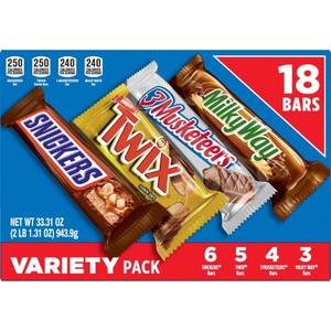 lot 4441 image: Snickers, Twix, Milky Way & More Full Size Chocolate Candy Bar Assortment Candy Mix - 18ct