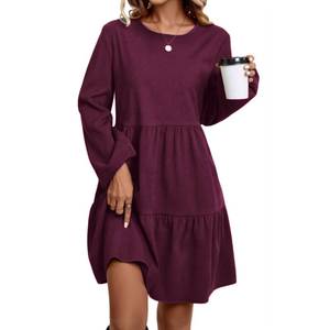 lot 4453 image: FIMARSTED Ladies Long-Sleeved Mid-Length Dress with a Round Neck and a Waist-Highlighting Short Style for Autumn Casual Vacation Wine Red